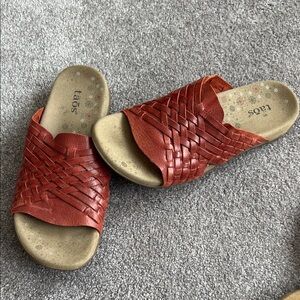Taos Guru Red Woven Leather Slide Sandals